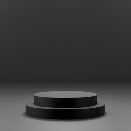 Black podium on a gray background. 3d rendering, 3d illustration.の素材