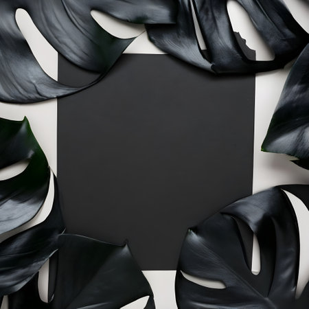 Creative layout made of monstera leaves on black and white background. Flat lay, top view minimal concept.の素材