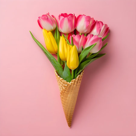 Waffle cone with tulips on pink background. Flat lay, top viewの素材
