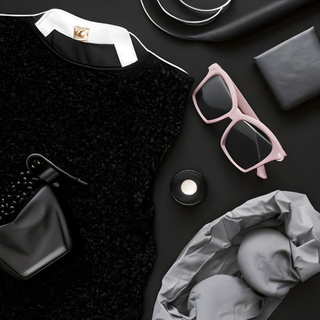Women's clothing and accessories on black background. Flat lay, top view.の素材