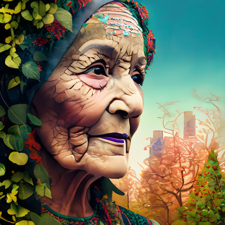 Old woman face in the park. 3D illustration. Vintage style.の素材