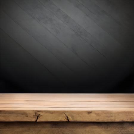 Empty wooden table over black wall background, product display montage.の素材