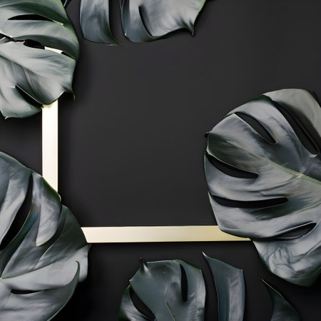 Creative layout made of monstera leaves on black background. Flat lay, top view minimal summer concept.の素材