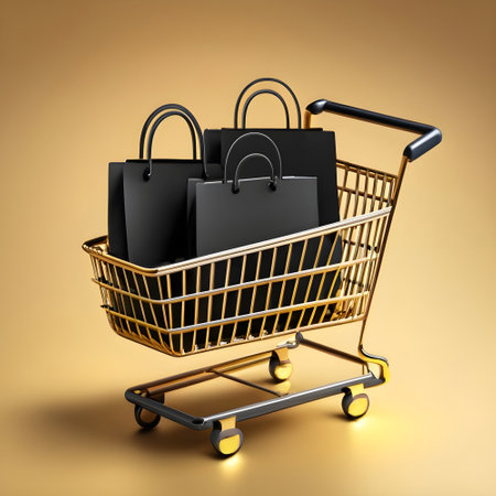 Shopping bags in a shopping cart. 3d render illustration.の素材