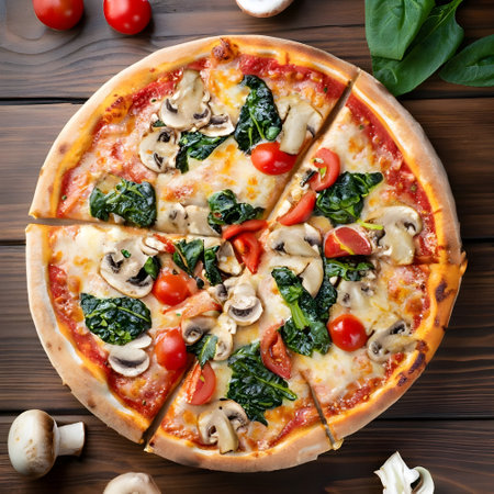 Pizza with mushrooms, spinach and cherry tomatoes on a wooden backgroundの素材
