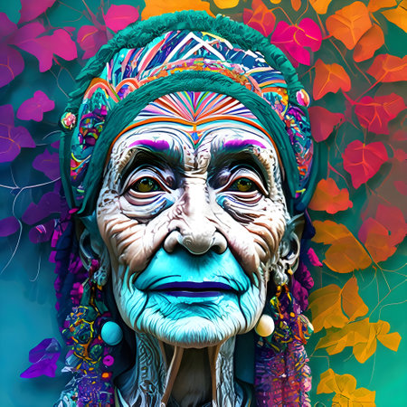 Colorful face of old man in Indian headdress with colorful leaves.の素材