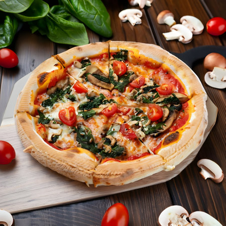 Pizza with mozzarella, tomatoes and spinach on wooden backgroundの素材