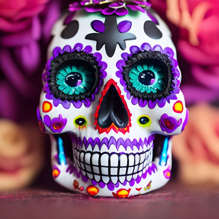 Mexican sugar skull with colorful eyes, closeup. Day of the Deadの素材
