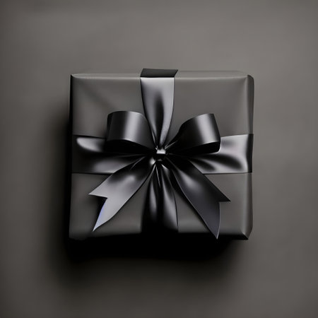 Black gift box with black bow on dark background. Top view.の素材