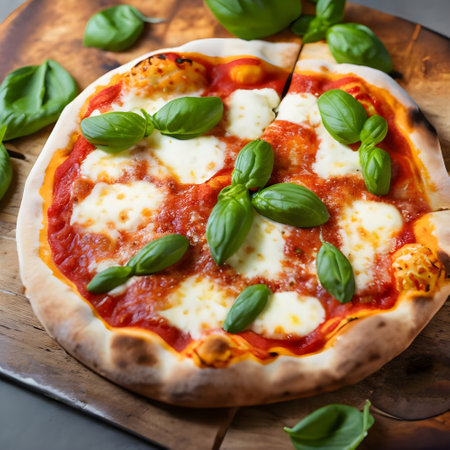 Pizza Margherita with mozzarella cheese and basil leavesの素材