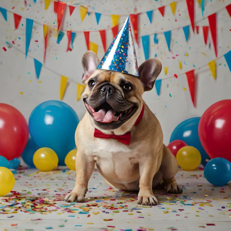 french bulldog with party hat and red bowtie on birthdayの素材