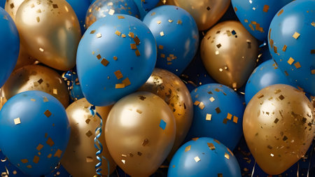 3d rendering of blue and golden balloons with confetti and ribbonsの素材