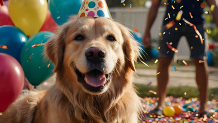 Cute Golden Retriever dog with birthday hat and colorful balloonsの素材