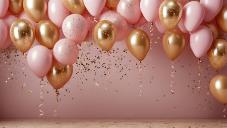 3d render of pink and golden balloons and confetti background.の素材