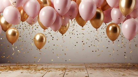 3d render pink and golden balloons with confetti on wooden floorの素材