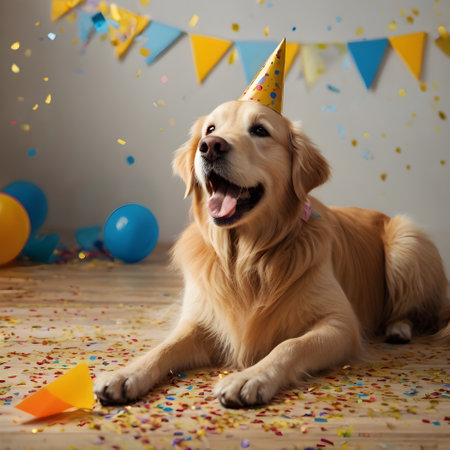 Golden retriever dog with birthday hat and confetti on light backgroundの素材