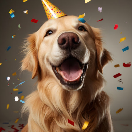 cute golden retriever with birthday hat and confetti on grey backgroundの素材