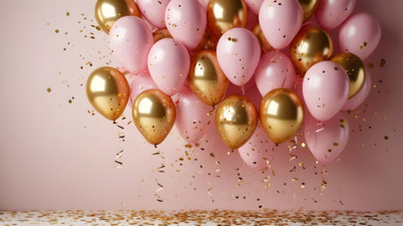 Pink and golden balloons flying in the air. 3D Renderingの素材
