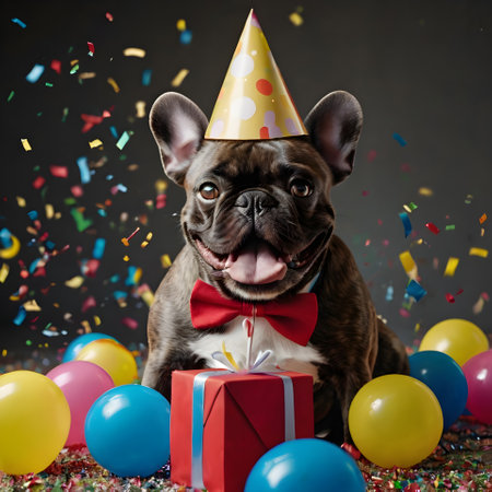 french bulldog dog in party hat with gift box and colorful balloonsの素材