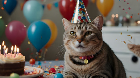 Cute cat in birthday cap with cake and balloons on blurred backgroundの素材