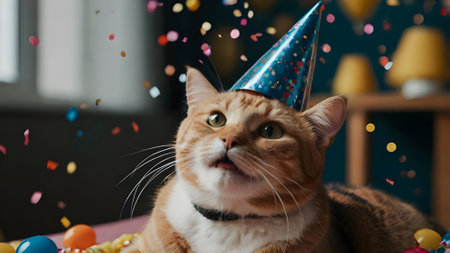 ginger cat with birthday hat and colorful confetti in the roomの素材