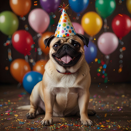 Cute pug dog with birthday hat and colorful balloons on wooden backgroundの素材