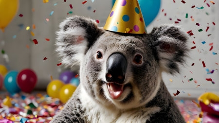Cute koala with party hat on blurred background, closeupの素材