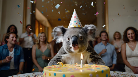Cute koala at the birthday party with confetti and candlesの素材