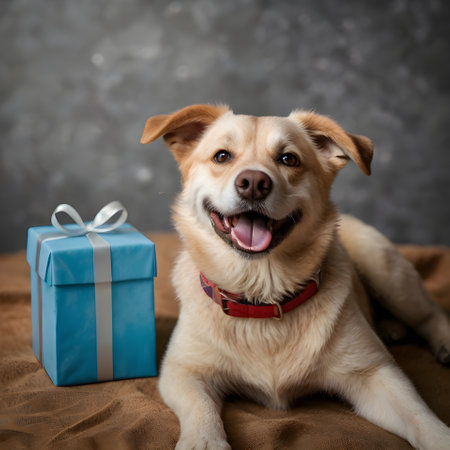 Portrait of a happy dog with a gift box on a gray backgroundの素材