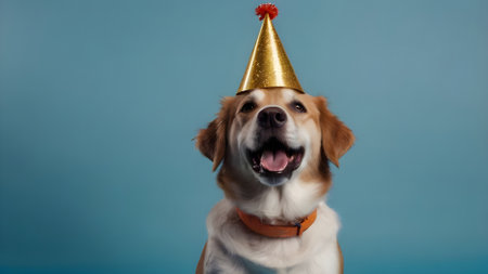 Cute golden retriever dog in party hat on blue background.の素材