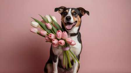Dog with a bouquet of pink tulips on a pink backgroundの素材