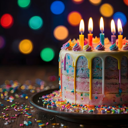 Birthday cake with burning candles on bokeh background, close upの素材
