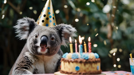 Cute koala bear with birthday cake and candles on the tableの素材