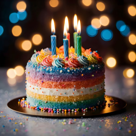 Birthday cake with burning candles on bokeh background, closeupの素材