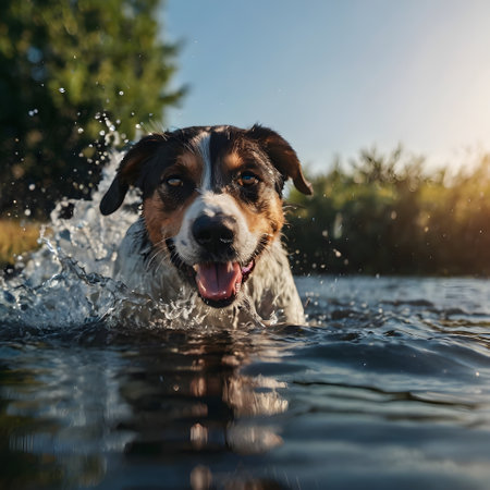 Portrait of Bernese mountain dog swimming in the lake in summerの素材