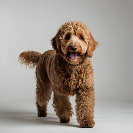 Studio shot of an adorable Cocker Spaniel standing on grey background.の素材