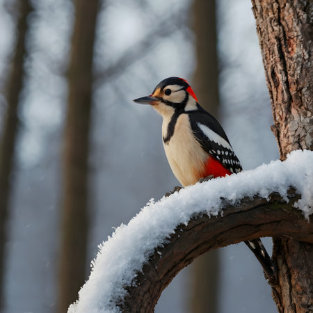 Great spotted woodpecker (Dendrocopos major) on a tree in winterの素材