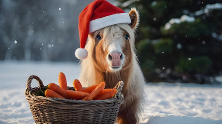 Christmas and New Year concept. Horse with carrot in a basket.の素材