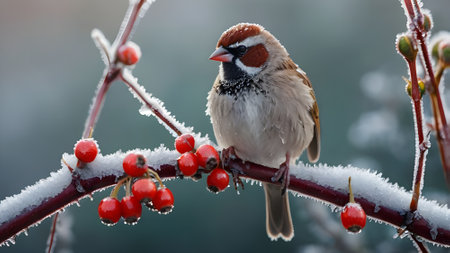 Sparrow sitting on a branch with red berries in the snowの素材