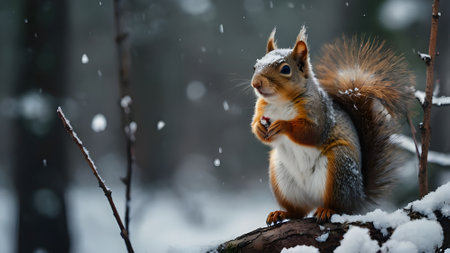 Squirrel in winter forest. Red squirrel in the winter forest.の素材
