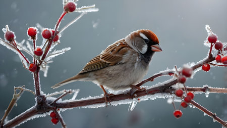 sparrow sitting on a branch covered with snow and red berriesの素材