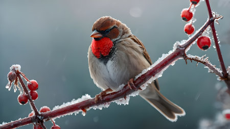Sparrow on a branch with red berries in the winter.の素材