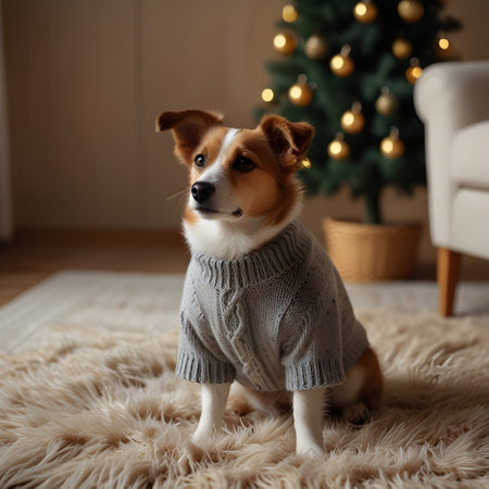 Cute dog in sweater on carpet at home. Christmas tree on backgroundの素材