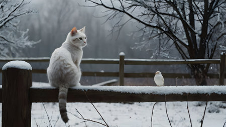 A white cat sits on a fence in the snow and looks at a bird.の素材