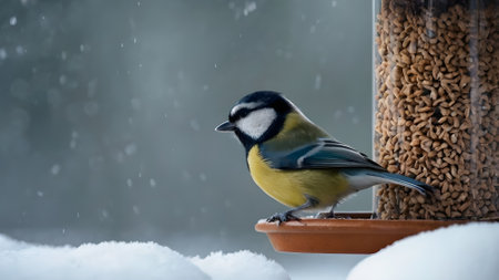 Blue tit (Parus caeruleus) on a bird feeder in winterの素材