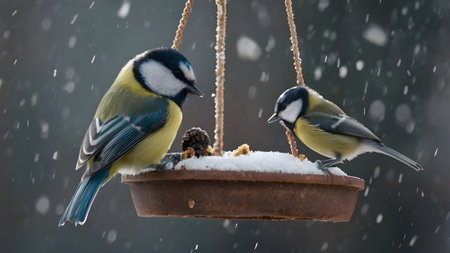 Blue tit, Parus caeruleus, feeding on a bird feeder in winterの素材