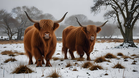 Scottish highland cattle in the snow on a cold winter dayの素材