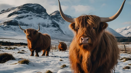 Scottish highland cattle in the snow with mountains in the backgroundの素材