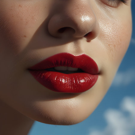 Beautiful female lips with bright red lipstick. Close-up.の素材