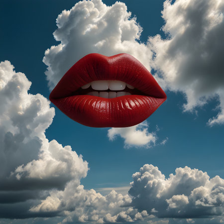 Red lips on blue sky background with clouds. 3D illustration.の素材